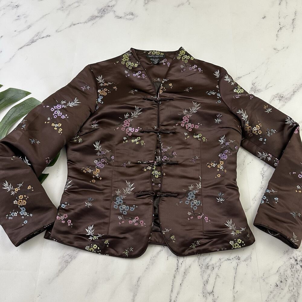 Anne Carson Womens Vintage y2k Jacquard Jacket Size M P Brown Floral Asian Knot